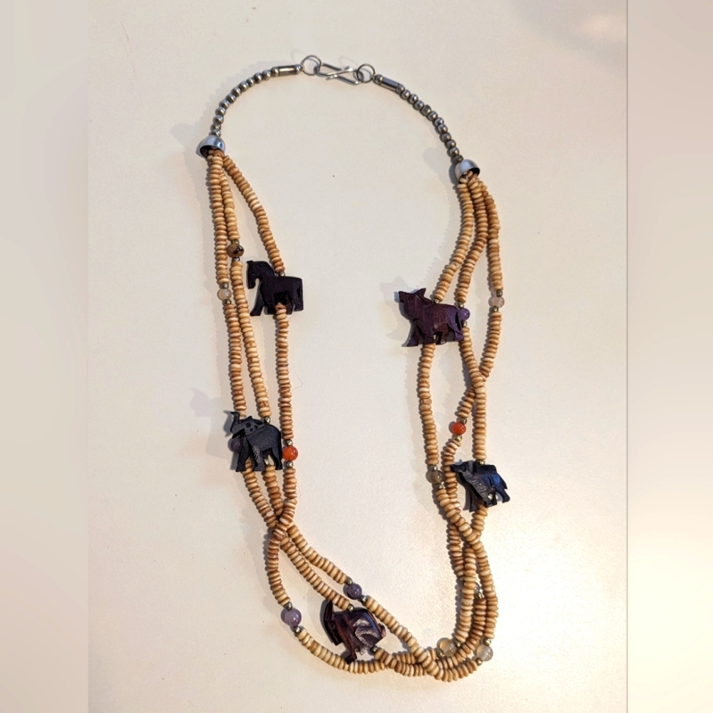 Archana Wood Carved Animal Beads and Quartz Stones Necklace Handmade in India